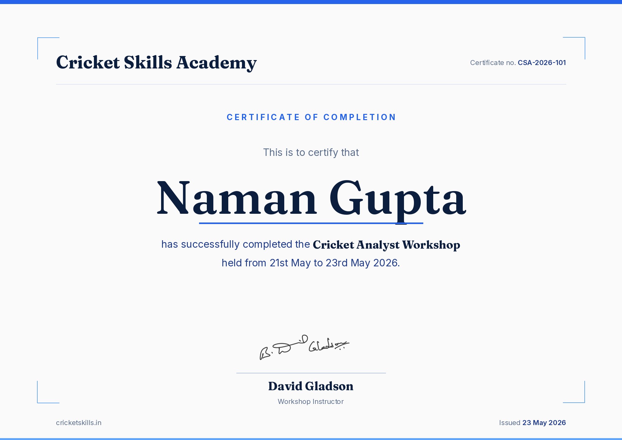 Sample Cricket Analyst Workshop completion certificate from Cricket Skills Academy, signed by David Gladson