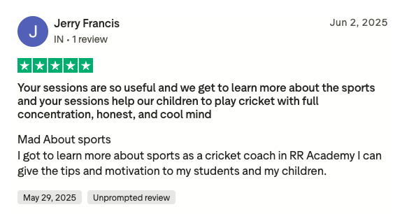 Jerry Francis 5-star review on Trustpilot: Your sessions are so useful and we get to learn more about the sports.