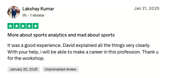 Lakshay Kumar 5-star review on Trustpilot: It was a good experience. David explained all the things very clearly. With your help, I will be able to make a career in this profession.
